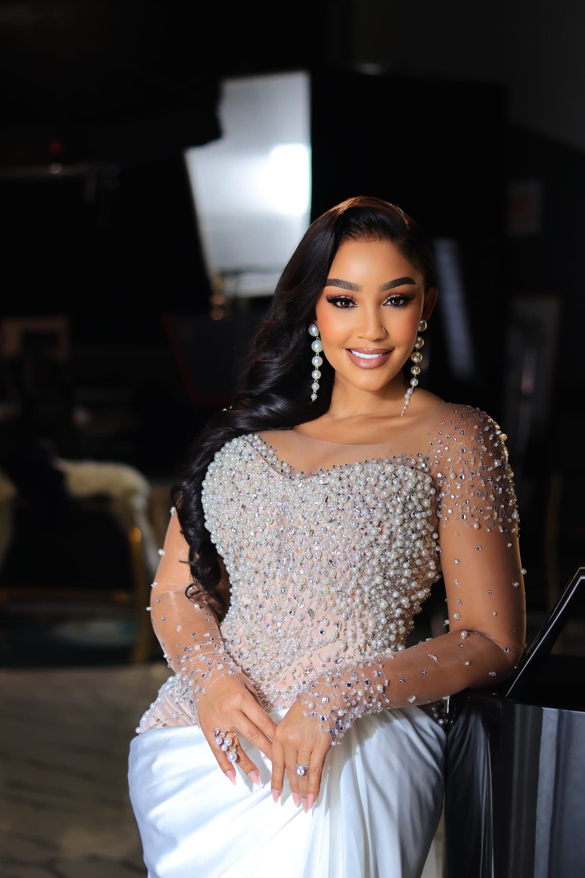 Zari in a pearl-embellished gown